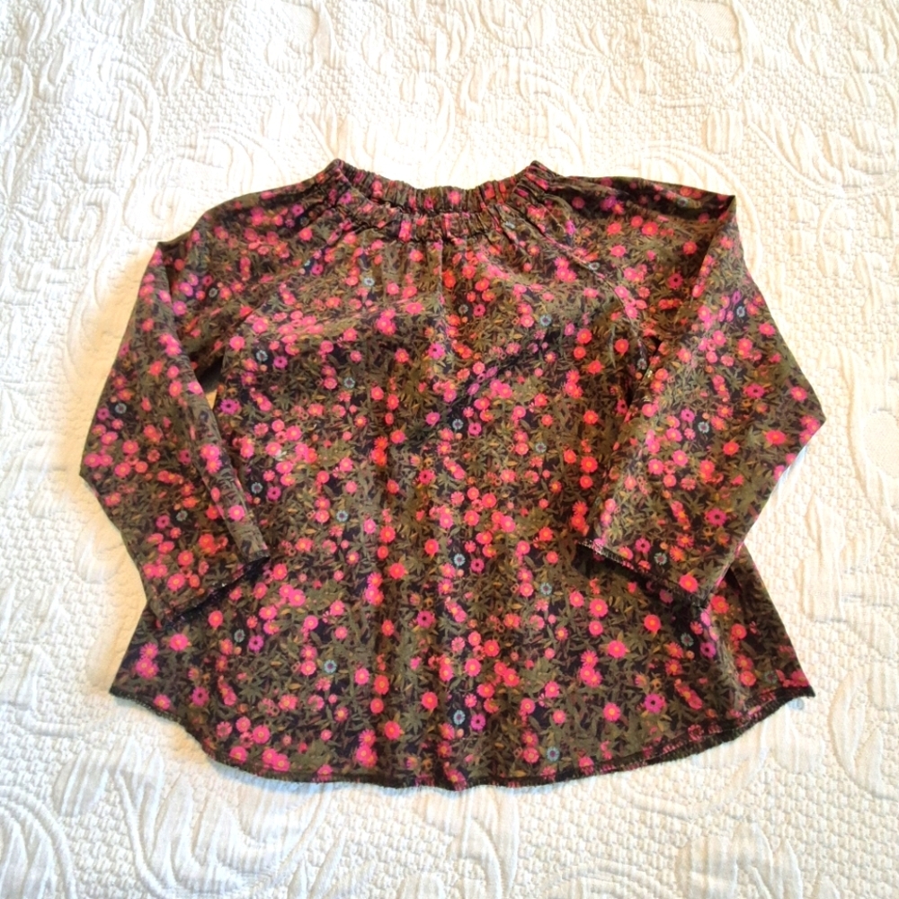 Peek Fleur girls XS tiny pink floral blouse, long sleeves raw edges VGUC